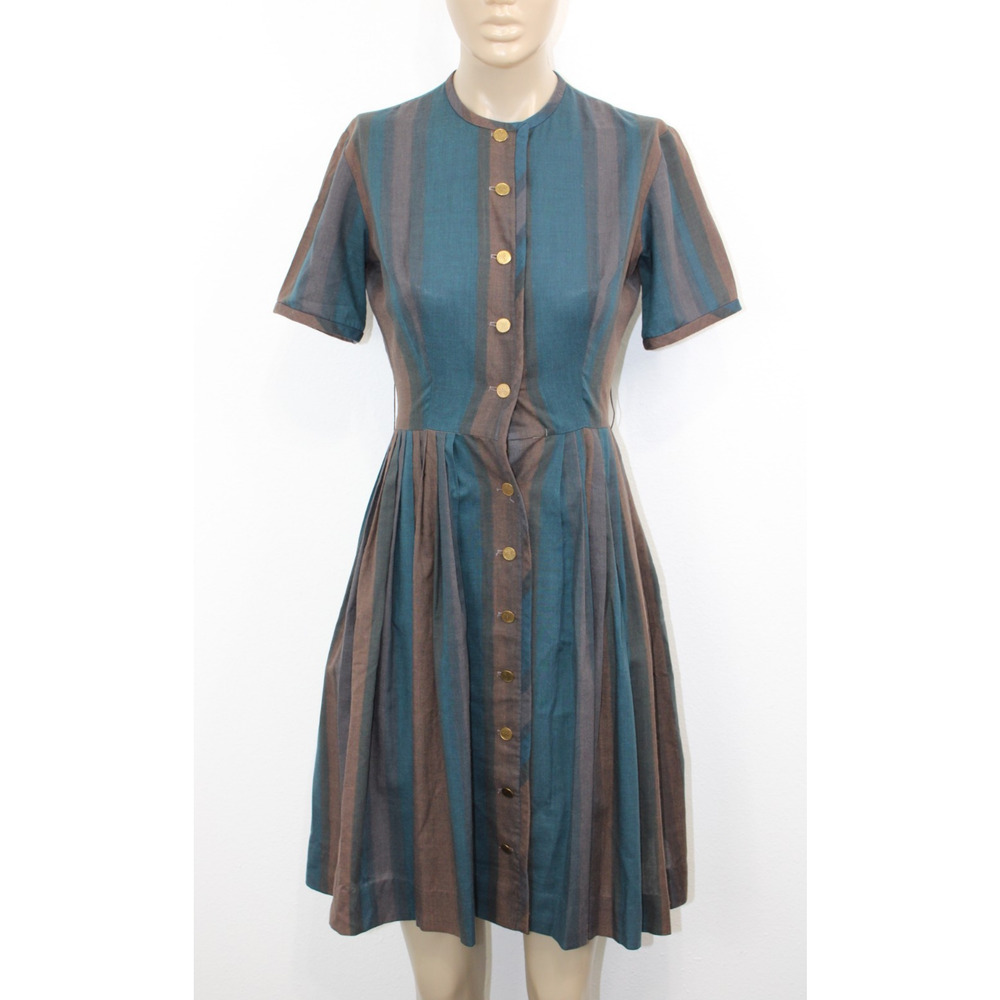 Vintage 50s 60s Fit & Flair Dress XS Button Front Pleated